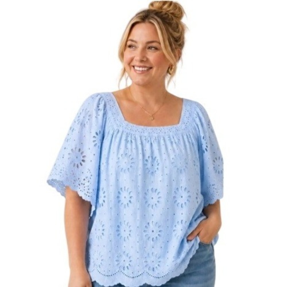 Artelier Nicole Miller Blouse Womens 3X Blue NWT Eyelet Lace Flutter Sleeve Top